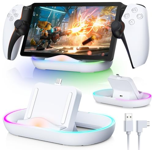 FYOUNG Charging Dock for PlayStation Portal Compatible with Protective Cover, RGB Portable Charger Stand with USB-C Cable, Charging Station with Magnetic Type C Port for PS Portal - White