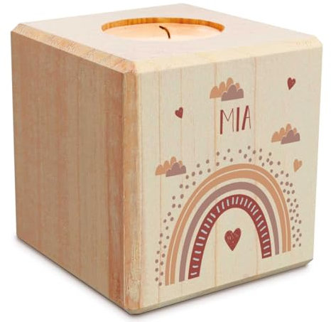 GRAVURZEILE Teelichthalter aus Holz mit UV Druck - Regenbogen - Personalisiert mit Namen - Geschenke für Mädchen und Jungen zum Geburtstag zur Kommunion Konfirmation und Taufe - Rot