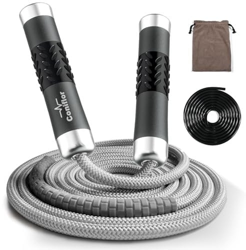 Coniflor Weighted Jump Rope, 1LB Tangle-Free Ball Bearing Rapid Speed Skipping Rope for Men Women, Adjustable 9mm Cotton & PVC Rope with Alum Handle for Boxing MMA Weight-Loss Athletic Workout Fitness