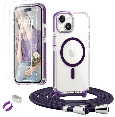 ROSEHUI Chaîne de téléphone Portable pour iPhone 15 avec Sangle, avec 2 Films de Protection en Verre, Compatible avec MagSafe, Coque Transparente, Amovible pour Cordon de Suspension,Violet