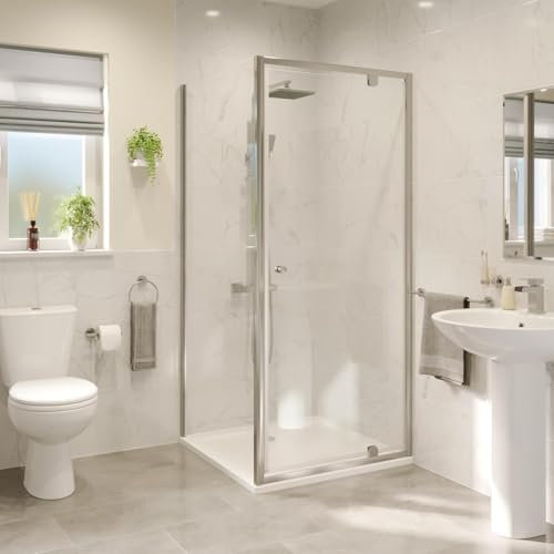 Hydrolux® 800 x 760mm Pivot Hinged Shower Enclosure Door Screen for Wet Room Cubicle Enclosures, 4mm Toughened Safety Glass, Polished Chrome