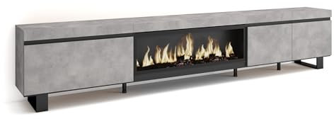 Skraut Home | Mueble TV | Televisión | Muebles de salón, almacenaje | 288x57x35 cm | para TV Gran Formato | Chimenea eléctrica XXL | Diseño Industrial | Estilo Moderno | Cemento