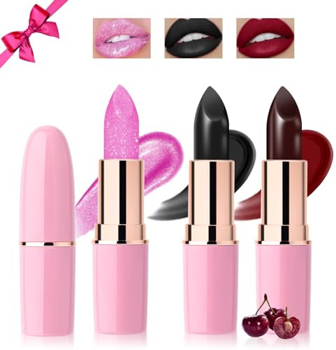 Desing Wish 3 Stück Glitzer Lippenstift Schwarzer Matte Rot Set Temperaturempfindlicher Faebverändernder Lipgloss 24 Stunden Halt Lipstick Lip Gloss Long Lasting Lip Balm Make up Damen Frauen Geschenk