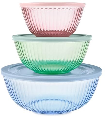 Pyrex Colors (3-Pack, Full Set) Sculpted Tinted Glass Mixing Bowls with Lids, Nesting Space Saving Set of Bowls for Prepping and Baking, 1.3QT, 2.3QT & 4.5Q, (Pink, Green, Blue)