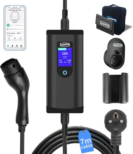 Andalung Caricatore EV Portatile 3,5KW 1 Fase 6-16A, Cavo da 7m con corrente regolabile, Spina Schuko, Controllo App, WiFi, Bluetooth, Interruttore Differenziale Tipo B