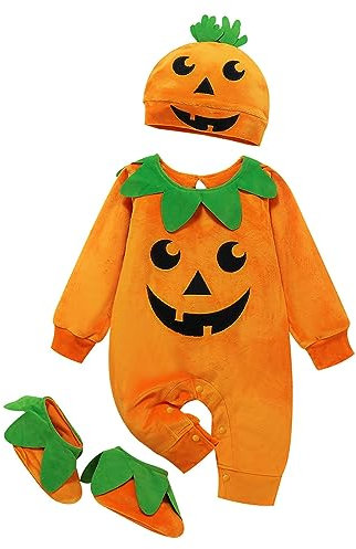MNSWR Baby Body Born Langarm Halloween Drucke Neugeborenen Strampler Overalls Hut Schuhe Set Jungen Pullover 92 (Orange, 3-6 Months)