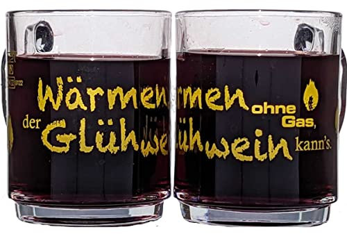 Glasveredlung Schmitz Glühweinbecher Glühweintasse 27 cl, schwere Ausführung 320 g, stapelbar, gehärtet, Füllstrich 0,2 l, Dekor Wärmen ohne Gas, 12 Stück
