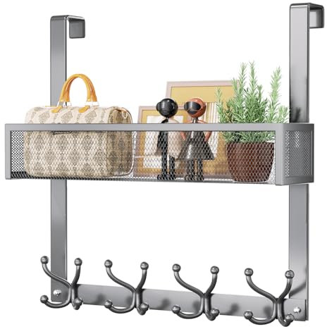 Consumest Over The Door Hooks Organizer - Over Door Hanger with 16 Hooks & 2 Baskets for Hanging Coat, Clothing, Towel, Back of Door Hook for Bathroom, Closet, College Dorm, Grey