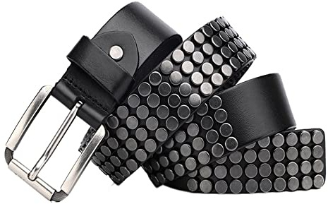 PYWJGZSX Gürtel, Nietengürtel, 4 Reihen Metall Pyramide Perlen Leder Gürtel, Herren Und Damen Nieten Denim Gürtel/Black/120Cm/47.2''