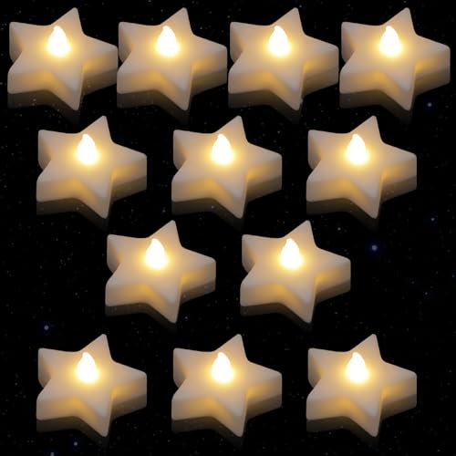 12 Stück LED Teelichter: Stern LED Kerzen Flammenloses Flackernde Elektrische LED Kerze Batteriebetrieben, Realistische Flackernde Glühbirne Teelichter für Party, Weihnachten, Hochzeit, 6.1*5.8*3cm