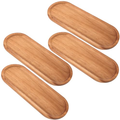 SHUESS 4er Akazienholz Tablett Oval 29 x 10,5 x 1,5 cm - Ellipse Servierplatte Holz Groß, Ablageschale Akazie Ovale Holztablett - Tablet Oval 30x10cm aus Akazie für Untersetzer Tee, Kaffee, Kuchen