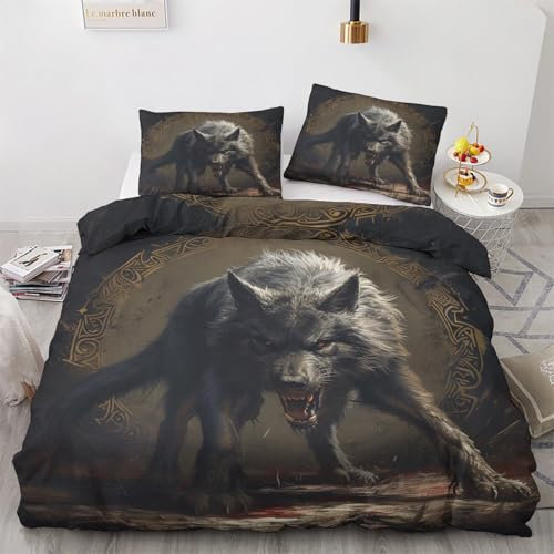 SUWALI Wolf Bettwäsche 140x200, Nordische Mythologie Wikinger Motiv Bettbezug und 1 Kissenbezug 70x90 - Weiche Kuschelige Mikrofaser Wendebettwäsche 2tlg mit Reißverschluss, Allergiker Geeignet