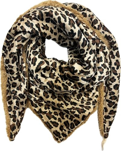 Jeamis XXL Dreieck Teddyfell Schal Strickschal Leopard Warmer Winter Schal Fashion Tuch Dreieckschal mit Knopf Stola Herbst Frühling Tuch Leo (Braun)