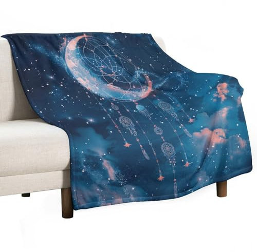 KWQDOZF Überwurfdecke mit Mond-Glamour-Motiv für Couch und Sofa, weiche, Flauschige, gemütliche Flanelldecke mit Traumfänger und Sternen für Camping und Reisen, 127 x 152 cm
