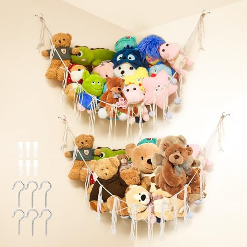 TOSAVGA 2PC Kuscheltier Aufbewahrung Netz, Spielzeug Aufbewahrung, Boho Makramee Stofftier Hängematte, Aufbewahrung kuscheltiere Netz für kuscheltiere, Stofftier Hängematte, Hängend Spielzeug