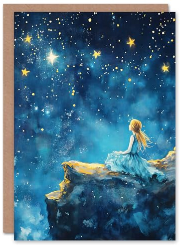 Artery8 Greeting Card Girl Wish Upon Star Starry Night Sky Painting For Child Kids Birthday Card