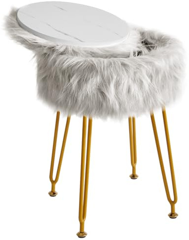 IBUYKE Faux Fur Vanity Hocker mit Aufbewahrung, Make-up Stuhl, Grau WBD021G | Pelziger osmanischer weicher gepolsterter Sitz rund Fußstütze Fußhockel 4 Metallbeine Wohnzimmer Schlafzimmer Eingang
