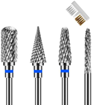 Momowin Embout Ponceuse Ongles Set, 4 Pcs TêTe de Broyeur à Ongles en Acier au TungstèNe et 1 Pcs Nail Drill Brush pour Exfolier les Cuticules, Enlever les Gels et Polir