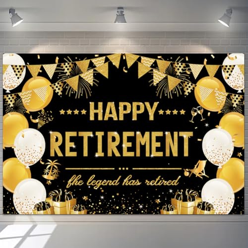 Happy Retirement Banner Schwarz Gold 180 x 110 cm Ruhestand Banner und Dekorationen, Die Legende Hat Ruhestand Banner Happy Retirement Party Dekorationen für Männer Frauen