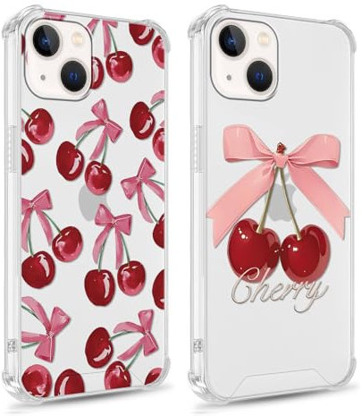 Foonary 2 Pack Transparent Cherry Bow Print Phone Case for iPhone 15 6.1,Soft Silicone with Cute Design Aesthetics Clear Pattern Cases,Shockproof Bumper Protector Cover Girls for iPhone 15