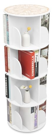 KANBCNG 4-Stufige Drehbare Bücherregal, Einstellbares Bücherturm 360° Bodenstehendes Bücherregal Holz Offenes Ablagen fur Schlafzimmer Tragfähigkeit 60 Kg mit Ohrförmige Gebogene Schutzwand