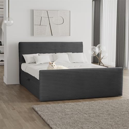 Kaiser Möbel - Bett 200x200 cm, Boxspringbett mit Bettkasten und Topper, Cord Schlafzimmerbett, Doppelbett mit Stauraum und Gepolstertes Kopfteil, Toppermatratze aus Viscoschaum - Trento - Graphit