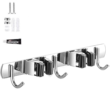 SHENGYIG Wall Mounted Broom Holder - Stainless Steel Broom Handle Holder, Broom Wall Mount with Dual Function, 2 Holders and 3 Hooks Broom Hanger, for Garage, Garden and Bathroom