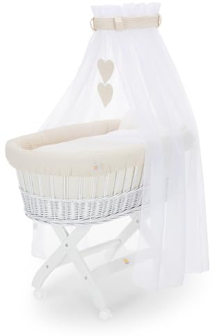 FabiMax Stubenwagen Weiß Komplettset mit Matratze, Musselin-Schlafsack oder Bettwäsche, Himmel & Weidenkorb (Decke/Kissen, Creme)