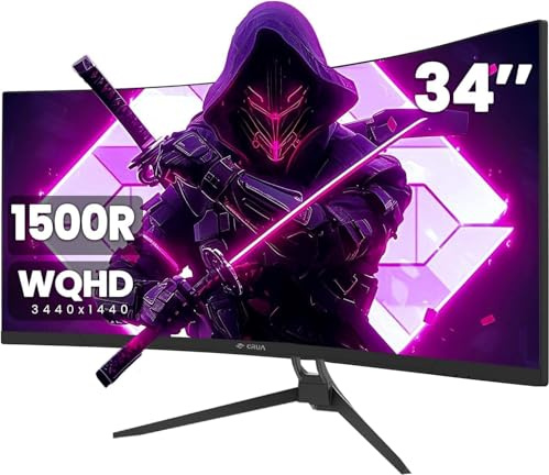 CRUA 34 Inch Curved Gaming Monitor,WQHD 3440 x 1440/165Hz, 3ms VRB, Tilt Adjustable, FreeSync Premium, 1500R Curvature, DP 1.4 & HDMI, Rimless Design for Ultimate Gaming Experience