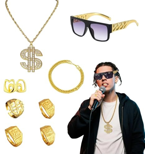 WNTJN 8 pièces Déguisement Rappeur, Kit de Costume Hip Hop Homme, Accessoires de Rappeur des Années 80/90 pour Concerts de Rap, Ccostume de Proxénète, Déguisement Disco, Soirées Halloween