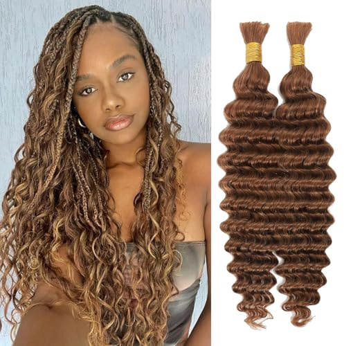 Deep Wave Bulk Human Hair for Boho Braids 10A Brazilian Curly Human Hair 2 Bundles No Weft micro Human Braiding Hair for Boho Braids(Deep Wave 30#, 20Inch 100g(50gx2Bundles))