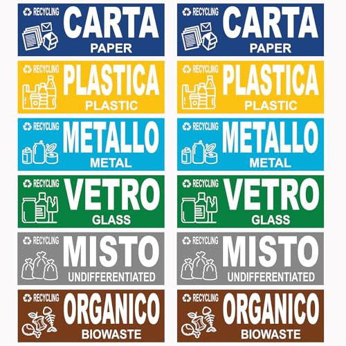 Longivia® 12 Adesivi Raccolta Differenziata Formato 15 cm x 5 cm - Etichette per Contenitori Rifiuti in Italiano e Inglese - Adesivo per Riciclo Lavabile Antigraffio (12 pezzi, 15cm x 5cm)