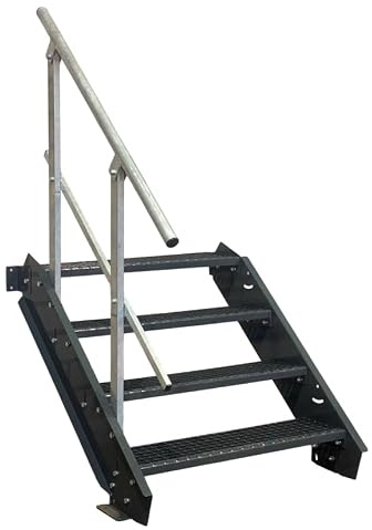 SRM Design 4 Stufen Stahltreppe Wangentreppe Geschosstreppe stabile Industrietreppe für Innen- und Außenbereich feuerverzinkt komplett anthrazit Stufenbreite 90 cm Höhe 55-85 cm 1x Geländer