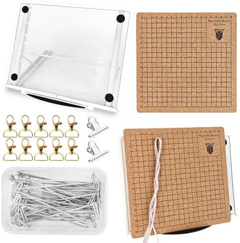 Makramee Board mit Stiften, 18x18 cm – Doppelseitiges Makramee-Projektbrett mit Gittern, tragbares Flechtbrett mit Anleitung, wiederverwendbares Makramee-Brett und Stifte zum Flechten von Armbändern