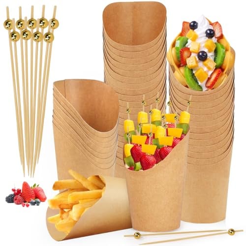 LANSKYLAN 50 Gobelets En Papier Kraft 12 Oz Cornets À Gaufres Frites Charcuterie Avec Bâtonnets Gaufres Snacks Cornets À Pop-Corn Gobelets En Papier Kraft À Snacks Frites Pour Les Fêtes