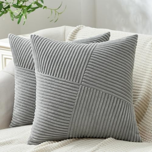 Topfinel Kissenbezug 80x80 Grau Kordsamt 2er Set Windmühle Streifen Muster Kissenbezüge Kissenhülle Dekokissen Sofakissen Patchwork Design Deko Wohnzimmer Bett Schlafzimmer Sofa