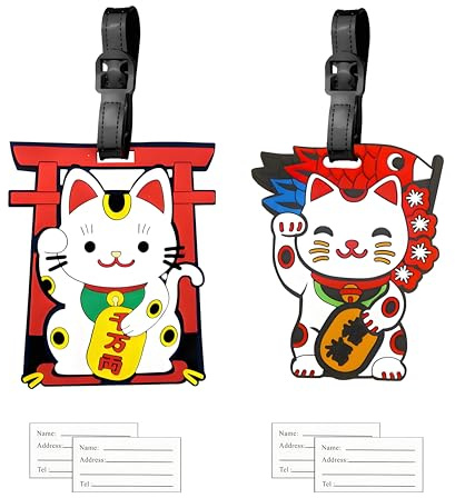 2PCS Etiquette Bagage Chat Porte-bonheur, Chat Carpe Étiquette Valise Avion Étiquette de Voyage Étiquettes Porte Adresse Porte Etiquette Bagage pour Valise/Bagages/Sacs à Dos/Voyages, Cadeau Parfait