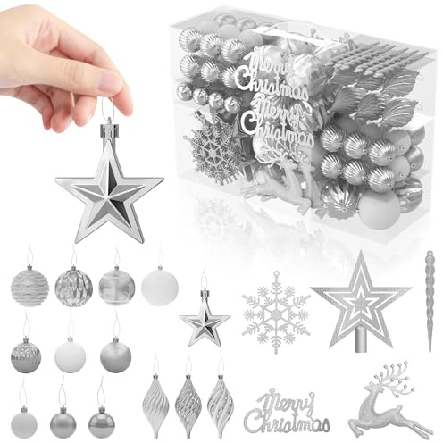 LILIIN 108er Set Weihnachtskugeln Kunststoff, mit Stern Spitze Silber | Weihnachtsdeko Premium Christbaumkugeln, Matt, Glänzend, Glitzernd, Christmas Decorators Baumschmuck für den Christbaum