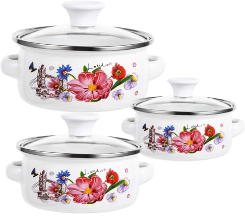 Lurrose Cabiluck Küchenemailie Suppentopf 3 Stück Emaille Topfset mit Doppelgriffen und Flachem Boden für Küche und Warmes Kochen von Suppe und Brei
