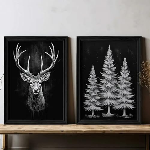 Ueiwffzo 2er Schwarz und Weiß Poster Set, Wald Elch Wandbilder Bilder Set, Weihnachten Kunstposter Modern Wandbilder Ohne Rahmen Leinwand Bilder for Schlafzimmer Wanddeko (50x70cm)