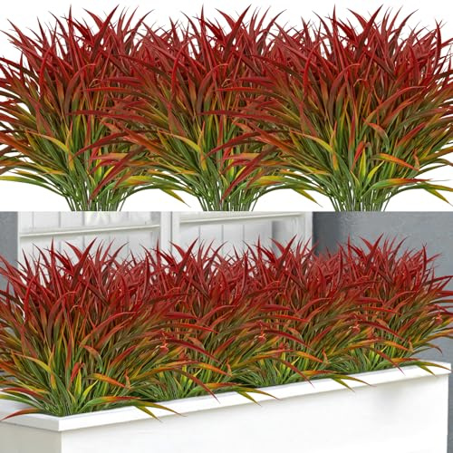 BlueCloudy 16 Bundles Artificial Plants Outdoor Faux Grass Stems | UV Resistant Large Faux Shrub Bushes, Plastic Greenery for Spring Summer Garden Home Patio Window Box Decor