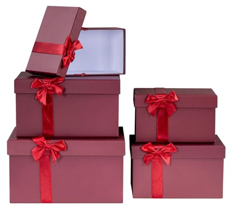Geschenkbox 5er Set mit Deckel Bordeaux Rot Weihnachten Schachtel Dunkelrot Schleife Aufbewahrung Box