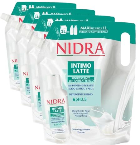 NIDRA | Eco-Nachfüllpack Intimreiniger, erfrischend mit antibakterieller Wirkung, mit Milcheiweiß, Sparformat, gynäkologisch getestet, Made in Italy, 1000 ml (Packung mit 4)