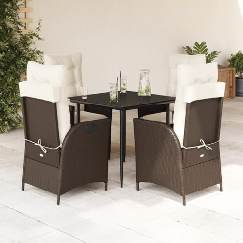 Mokuyary 5-TLG. Garten-Essgruppe mit Kissen Braun Poly Rattan Gartenmöbel Set, Sitzgruppe mit Stühlen und Tisch, Balkonmöbel Outdoor Möbelset für Terrasse, Garten, Balkon-A2