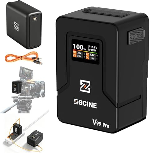 ZGCINE V Mount Battery V99Pro with USB-C PD100W Charger, 1.5H Full Charge, 94.72Wh 6400mAh, Airline-Safe, OLED Screen, D-Tap/Dual USB-C/BP/Dual DC for Camera Camcorder Monitor Laptop Video Light Phone