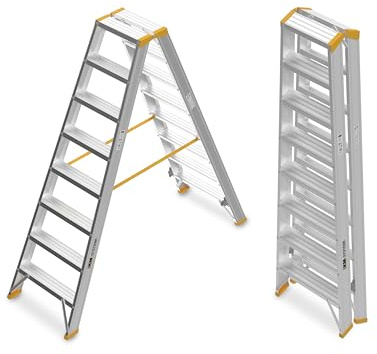 XM-Systeme® Alu-Stufenstehleiter 2 x 8 Stufen – rutschfeste, stabile Trittfläche nach TRBS 2121-2, kompakte Slide-Stop-Stufen – Profi Stehleiter für Industrie & Handwerk - GS-geprüft - Trittleiter