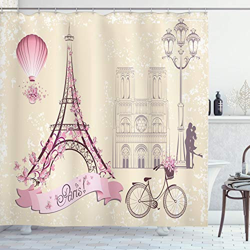 ABAKUHAUS Paris Duschvorhang, Floral Paris Eiffel, Stoffliches Gewebe Badezimmerdekorationsset mit Haken, 175 x 200 cm, Pink