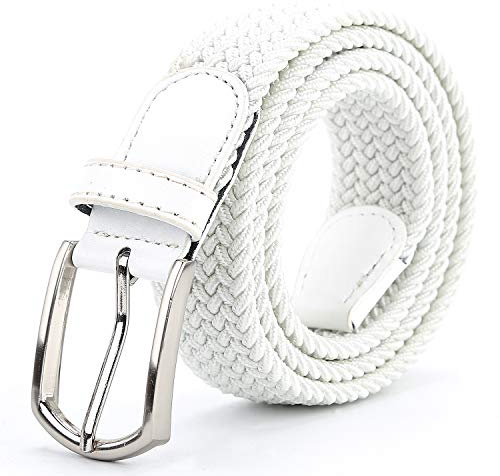 Braided Canvas Woven Elastic Stretch Belts for Men/Women/Junior with Multicolored, White, Medium/32-34 Waist