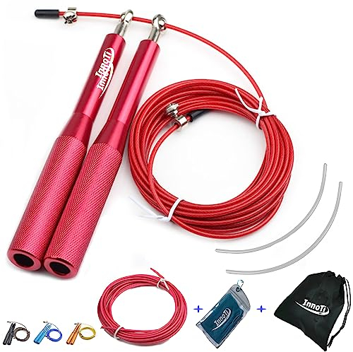 InnoTi Springseil Erwachsene Fitness für Damen & Herren – Speedrope Springseil Crossfit für Boxen – Anti-Rutsch Leichte Aluminium Griffe für Double Unders – Verstellbar und Mit Extraseil (ROT)