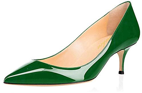 Women's Pointed Toe Patent Leather Elegant Comfort Slip On Kitten Heel Dress Court Shoes Green Size 38